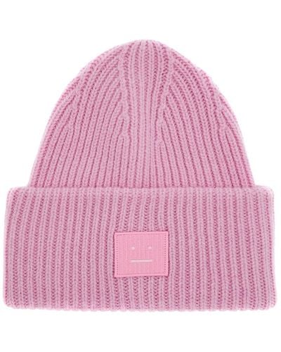 Acne Studios Pansy Logo Ribbed Wool Beanie - Pink