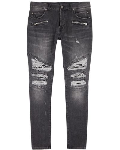 Balmain Grey Distressed Slim-leg Jeans - Black