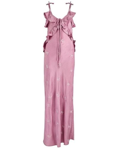 Damson Madder Kiki Bow-Embroidered Satin Maxi Dress - Pink