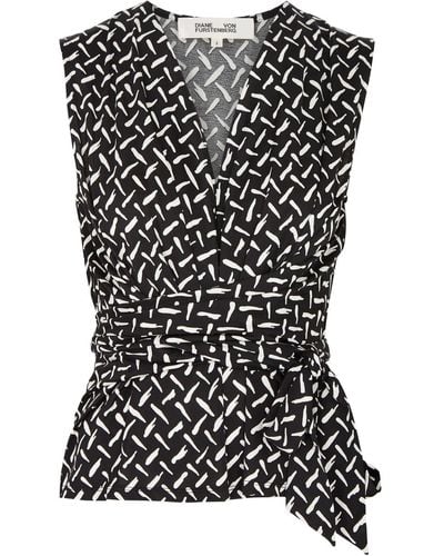 Diane von Furstenberg Rachael Printed Jersey Wrap Top - Black