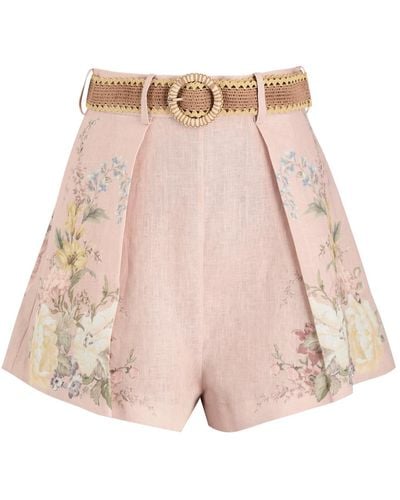 Zimmermann Waverly Tuck Floral-Print Linen Shorts - Pink