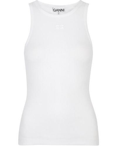 Ganni Logo-Embroidered Stretch-Cotton Tank - White