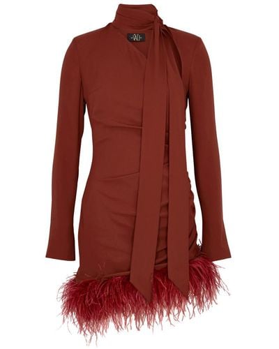De La Vali Avenue Feather-trimmed Ruched Mini Dress - Red