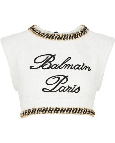 Balmain Logo-embroidered Cropped Tweed Top - White
