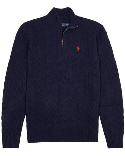 Polo Ralph Lauren Half-zip Cable-knit Wool-blend Sweater - Blue
