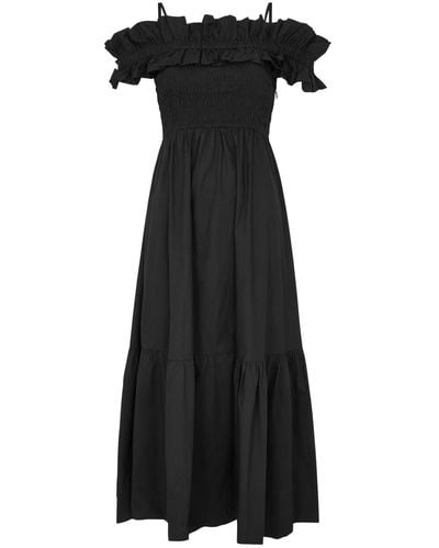 Ganni Ruffled Cotton-Poplin Midi Dress - Black