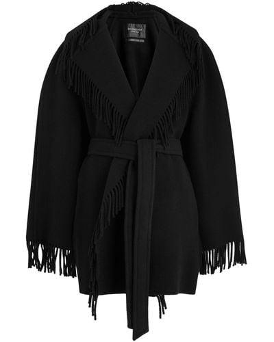 Balenciaga Fringed Hooded Wool Jacket - Black