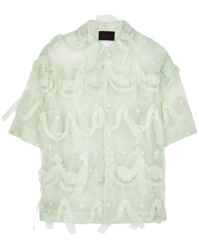 Simone Rocha Floral-Embroidered Ruffled Tulle Shirt - Green