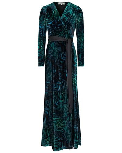 Diane von Furstenberg Jareth Printed Velvet Maxi Wrap Dress - Green