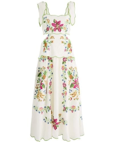 FARM Rio Tropical Romance Floral-Embroidered Linen-Blend Midi Dress - White