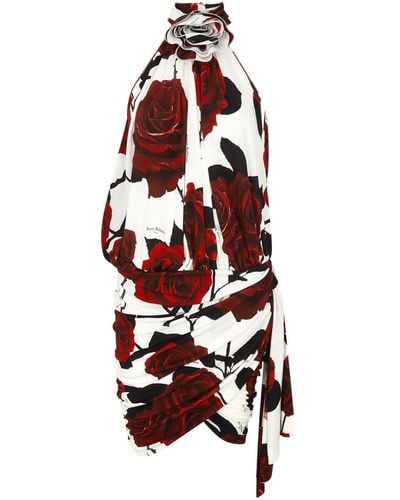 Balmain Rose-Print Halterneck Draped Mini Dress - White