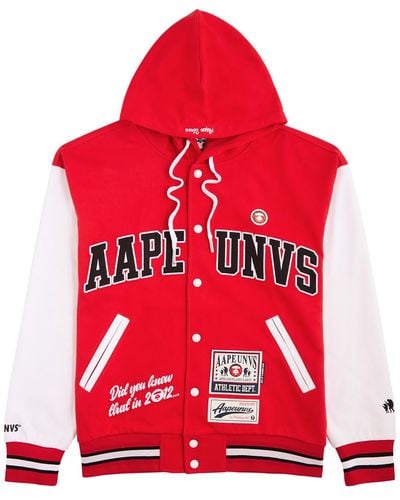Aape Logo Hooded Jersey Varsity Jacket - Red