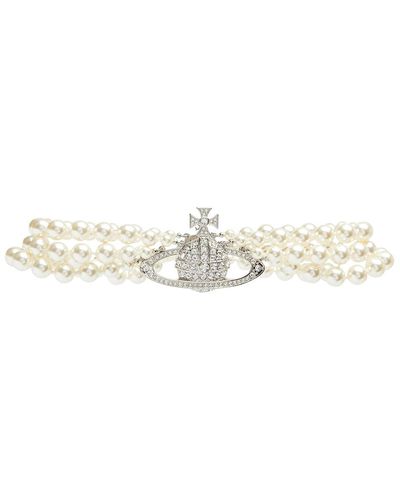 Vivienne Westwood Three Row Bas Relief Faux Pearl Choker - White