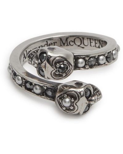 Alexander McQueen Double Skull Embellished Ring - White