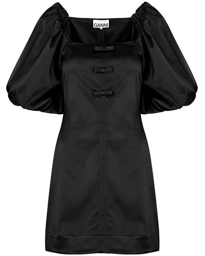 Ganni Bow-embellished Satin Mini Dress - Black