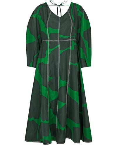 LOVEBIRDS Moss Printed Silk Midi Dress - Green