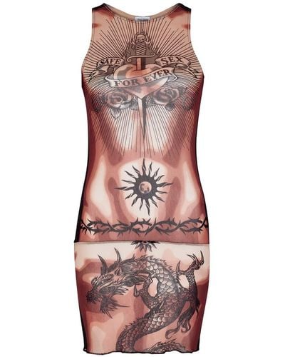 Jean Paul Gaultier Safe Sex Tattoo Printed Tulle Mini Dress - Multicolor