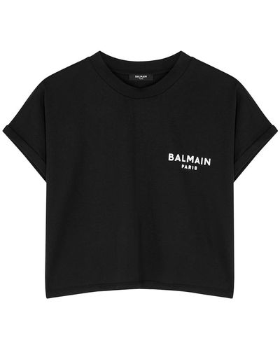Balmain Cropped Ss Flocked Logo Top - Black