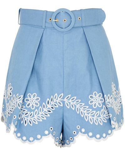 Zimmermann Junie Floral-embroidered Linen Shorts - Blue