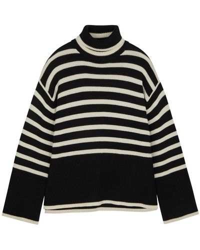 Totême Striped Roll-neck Wool-blend Sweater - Black