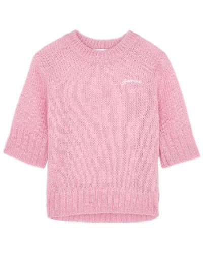 Ganni Logo-Embroidered Mohair-Blend Top - Pink