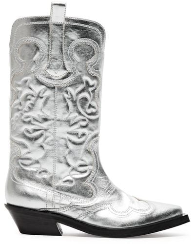 Ganni 50 Metallic Leather Cowboy Boots - Grey