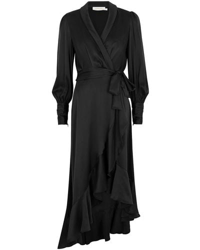 Zimmermann Ruffled Silk-satin Midi Wrap Dress - Black