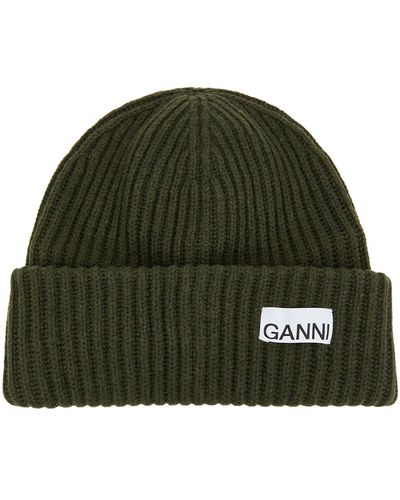 Ganni Ribbed Wool-blend Beanie - Green