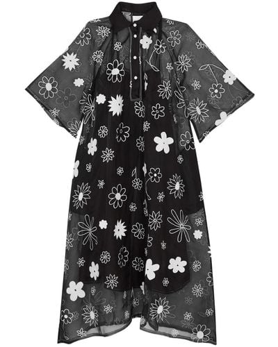 LOVEBIRDS Floral-embroidered Organza Midi Dress - Black