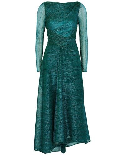Talbot Runhof Green Metallic Draped Midi Dress