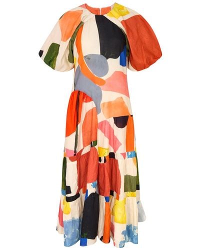 LOVEBIRDS Printed Linen-Blend Maxi Dress - Orange
