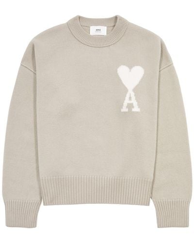 Ami Paris Logo-Intarsia Wool Sweater - White