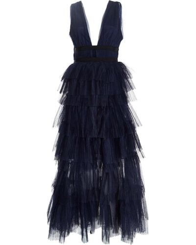 True Decadence The Eliza Navy Plunge Front Tulle Layered Maxi Dress - Blue