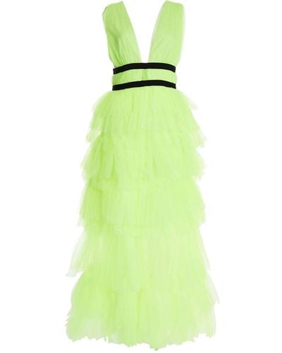 True Decadence The Eliza Neon Yellow Plunge Front Tulle Layered Maxi Dress