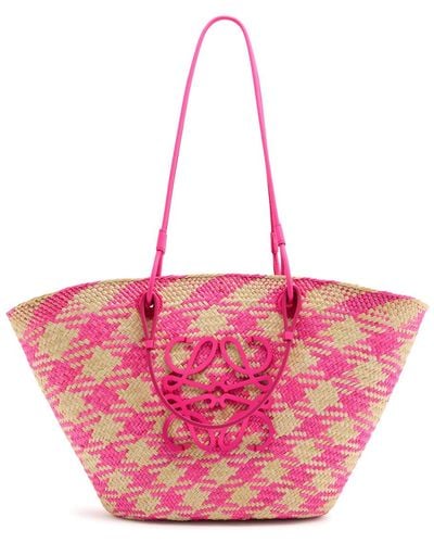 Loewe X Paula'S Ibiza Medium Checked Raffia Basket Bag - Pink