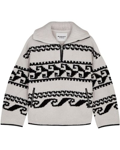 Isabel Marant Marner Intarsia Half-Zip Fleece Sweater - Gray