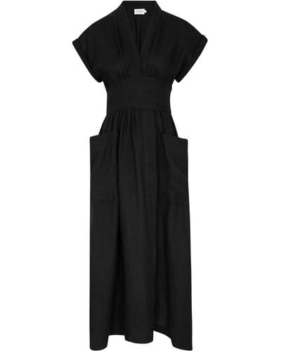 Three Graces London Clarissa Linen Midi Wrap Dress - Black