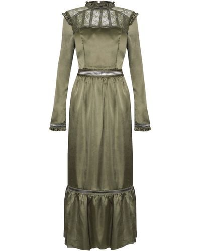 True Decadence Olive Green Satin High Neck Midi Dress