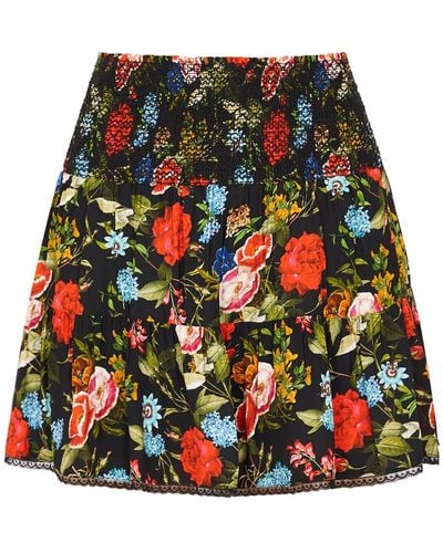 Alice + Olivia Buffy Floral-print Tiered Satin Mini Skirt - Black