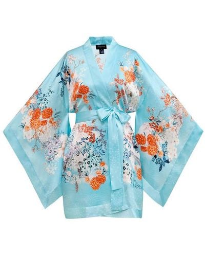 Meng Blue Pagoda Silk Satin Short Kimono