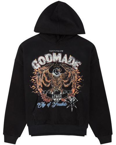 God Made City Of Trouble Printed Hooded Cotton Sweatshirt - Black