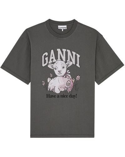 Ganni Graphic-print Organic-cotton Blend T-shirt - Gray