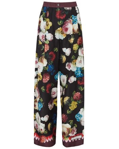 Dolce & Gabbana Floral-print Wide-leg Silk-satin Pants - Black