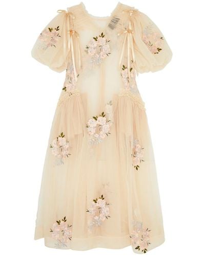 Simone Rocha Floral-embroidered Tulle Midi Dress - Natural