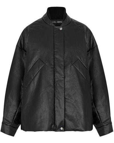 Kassl Oversized Faux Leather Bomber Jacket - Black
