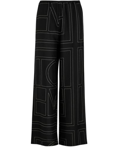 Totême Logo-Embroidered Silk-Satin Trousers - Black