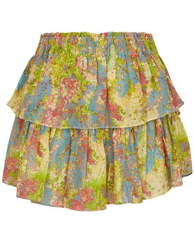 LoveShackFancy Floral-Print Ruffled Cotton And Silk-Blend Mini Skirt - Yellow