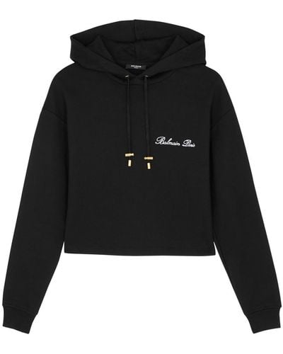Balmain Logo-embroidered Hooded Cotton Sweatshirt - Black