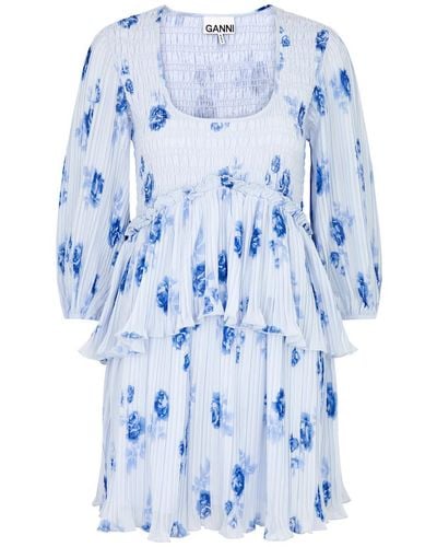 Ganni Floral-Print Plissé Georgette Mini Dress - Blue