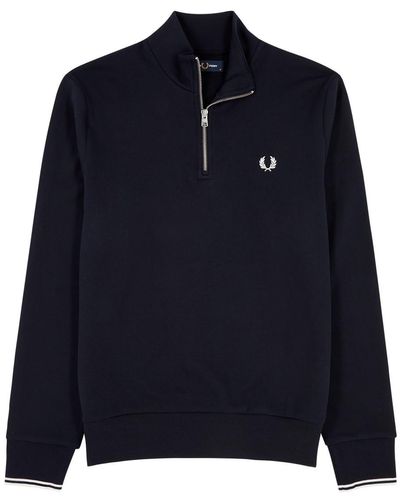 Fred Perry Logo-embroidered Cotton Half-zip Sweatshirt - Blue